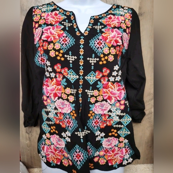 Savanna Jane Pullover Tunic Top Small Black/Multicolor Floral Embroidered Boho - Picture 5 of 10